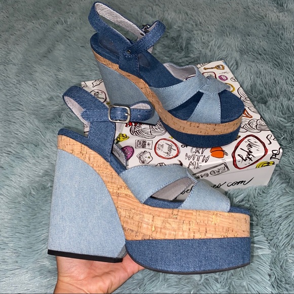 New Jeffrey Campbell Denim Wedge Platform Sandals - Picture 2 of 7
